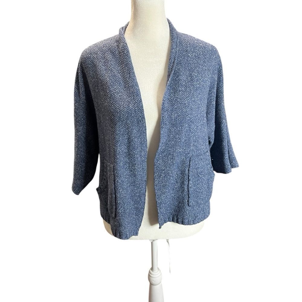 Eileen Fisher Blue Heather Wool Silk Boucle Open Front Cardigan Sweater Petite L - Picture 2 of 7